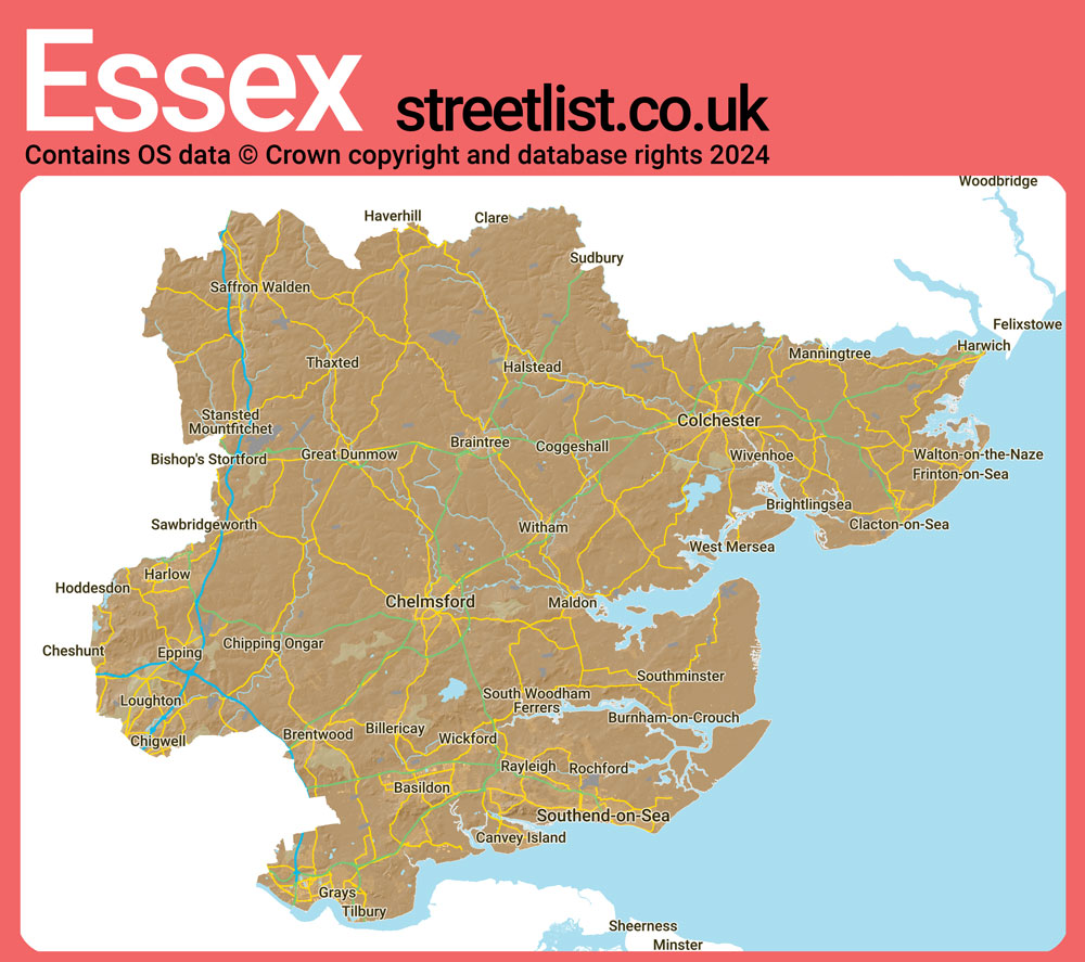 County Map of Essex: Cities, Towns, and Villages