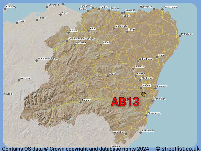 Where the AB13 postcode district lies within the wider  postcode area