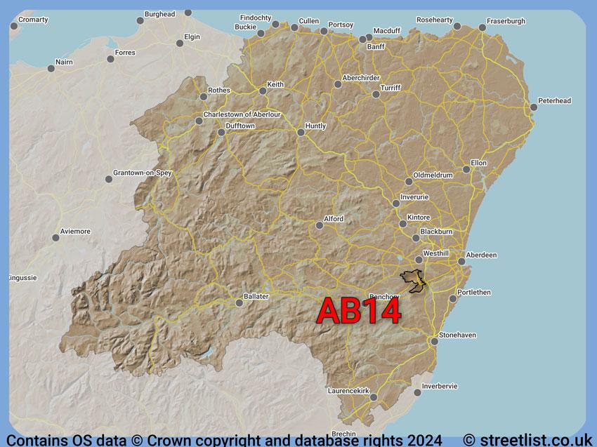 Where the AB14 postcode district lies within the wider  postcode area