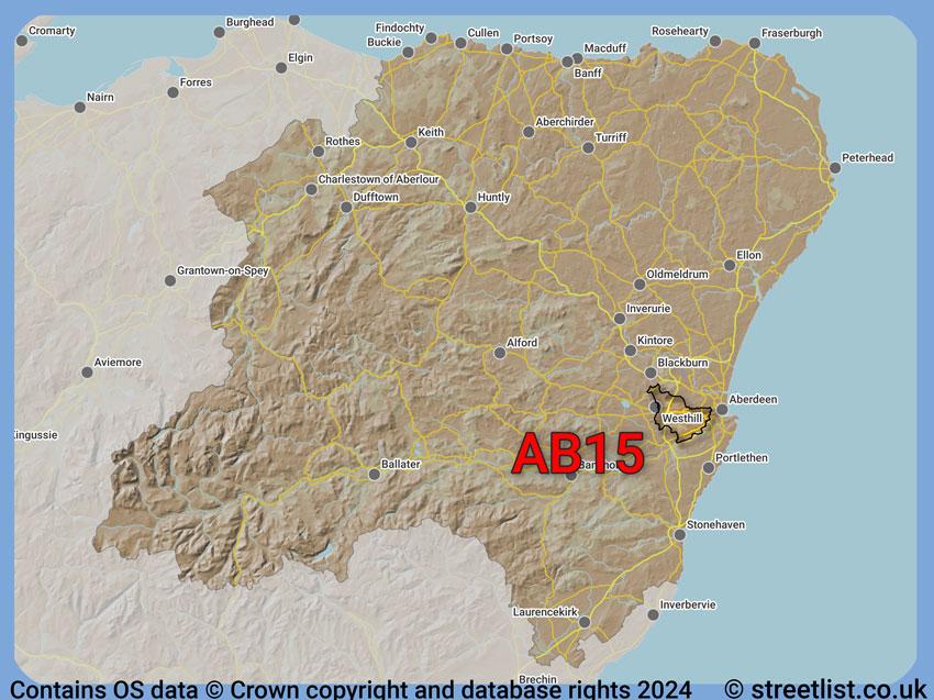 Where the AB15 postcode district lies within the wider  postcode area