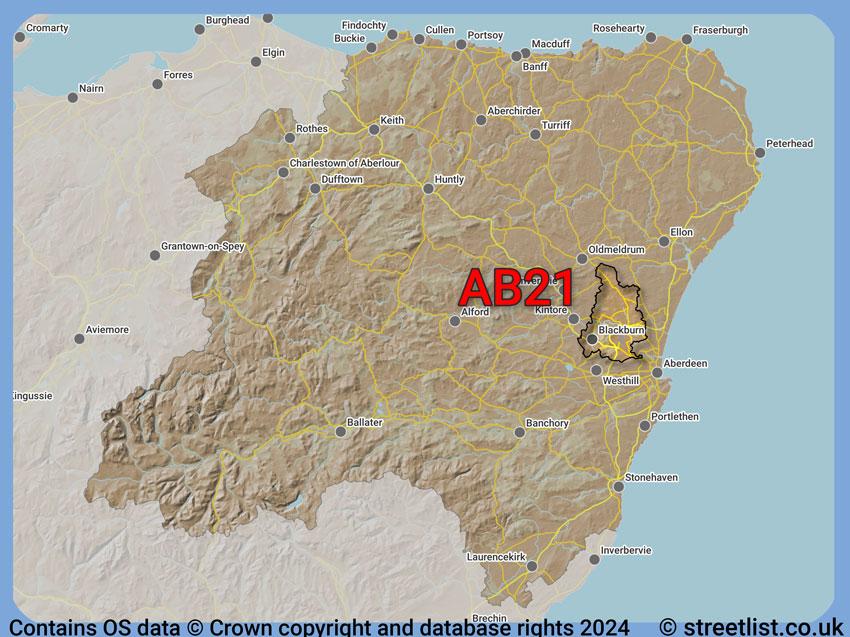 Where the AB21 postcode district lies within the wider  postcode area