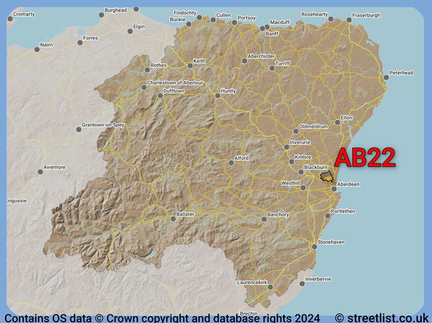 Where the AB22 postcode district lies within the wider  postcode area