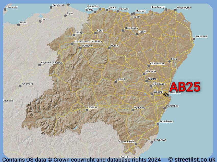 Where the AB25 postcode district lies within the wider  postcode area