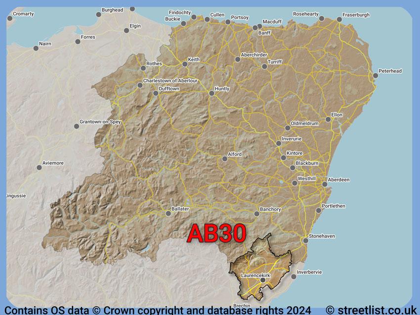 Where the AB30 postcode district lies within the wider  postcode area