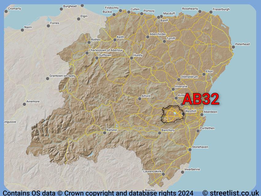 Where the AB32 postcode district lies within the wider  postcode area