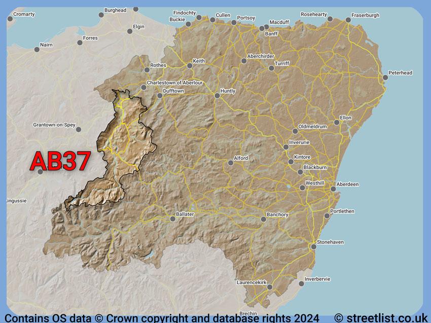 Where the AB37 postcode district lies within the wider  postcode area