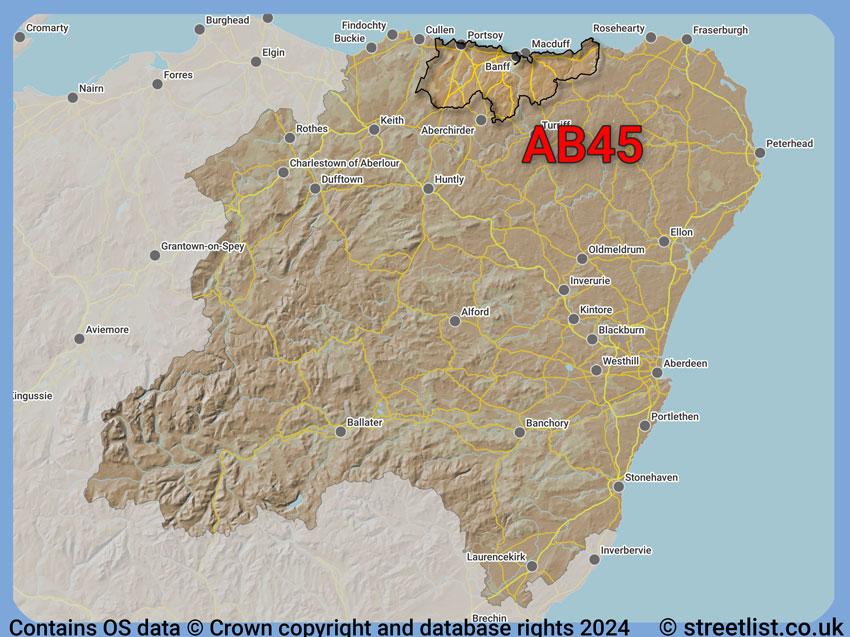 Where the AB45 postcode district lies within the wider  postcode area