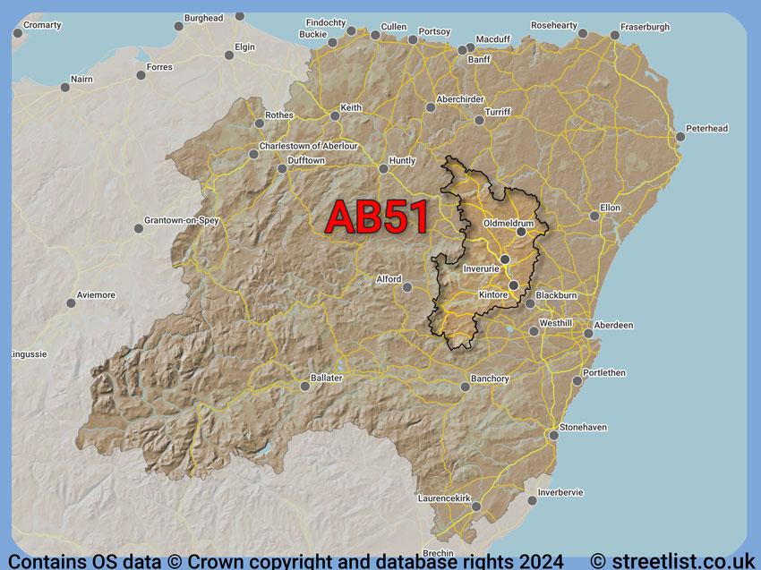 Where the AB51 postcode district lies within the wider  postcode area