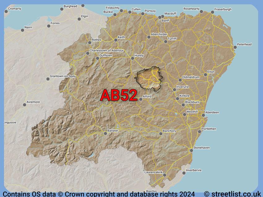 Where the AB52 postcode district lies within the wider  postcode area