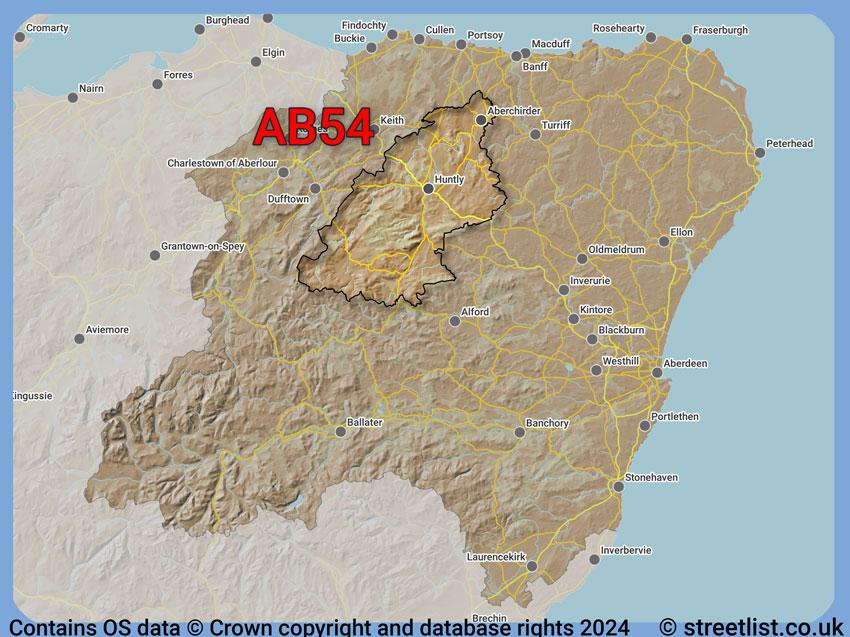 Where the AB54 postcode district lies within the wider  postcode area