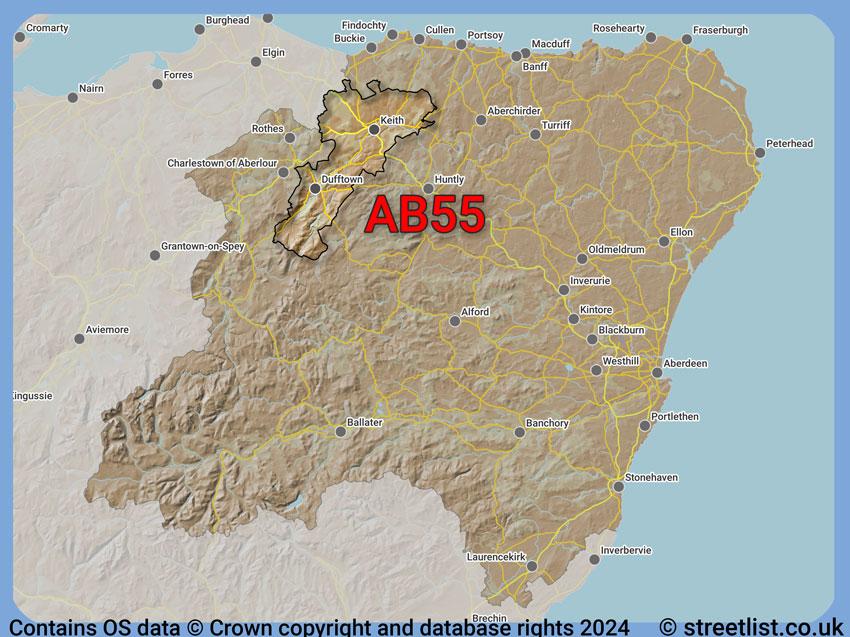 Where the AB55 postcode district lies within the wider  postcode area