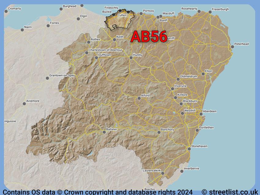 Where the AB56 postcode district lies within the wider  postcode area