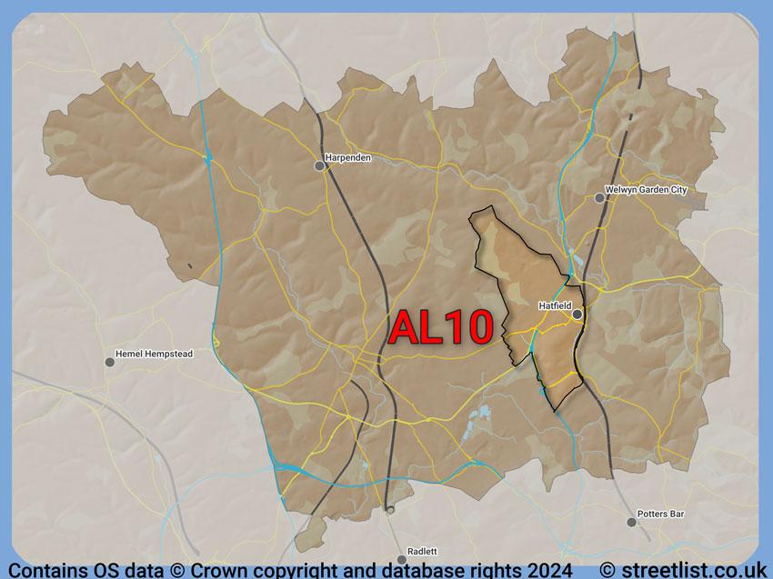 Where the AL10 postcode district lies within the wider  postcode area