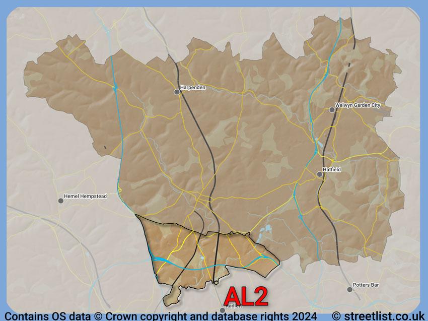 Where the AL2 postcode district lies within the wider  postcode area