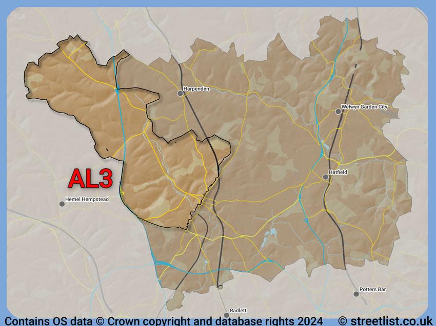 Where the AL3 postcode district lies within the wider  postcode area