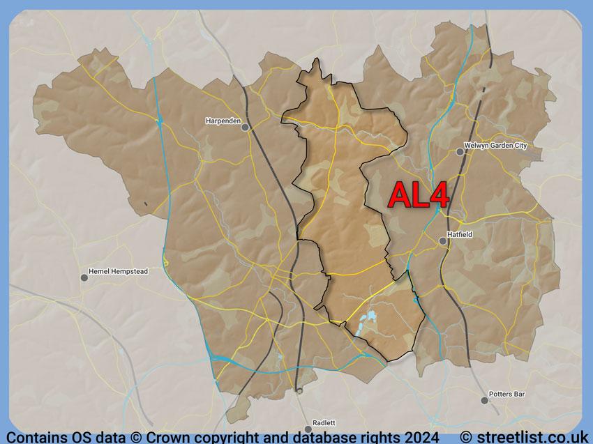 Where the AL4 postcode district lies within the wider  postcode area