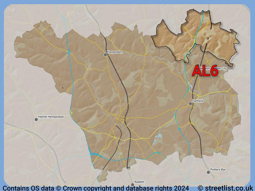 Where the AL6 postcode district lies within the wider  postcode area