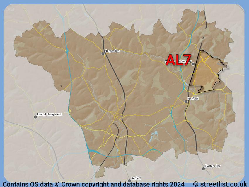 Where the AL7 postcode district lies within the wider  postcode area