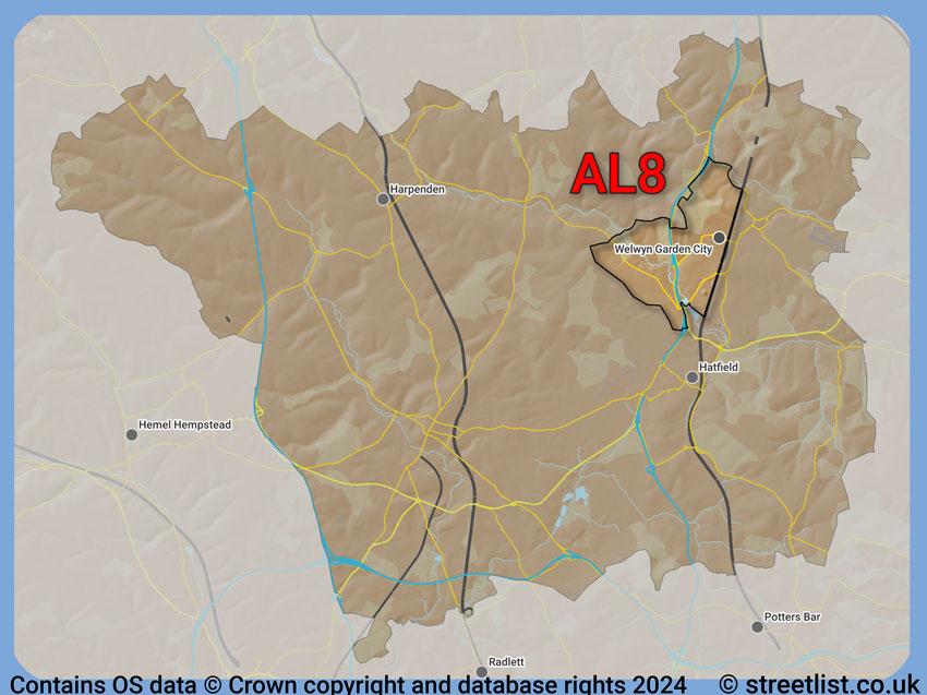 Where the AL8 postcode district lies within the wider  postcode area