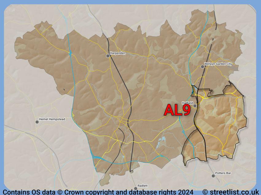 Where the AL9 postcode district lies within the wider  postcode area