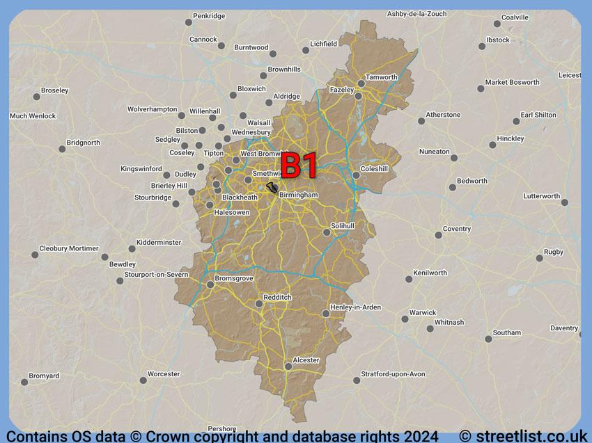 Where the B1 postcode district lies within the wider  postcode area