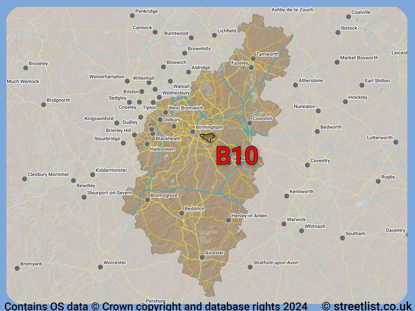 Where the B10 postcode district lies within the wider  postcode area