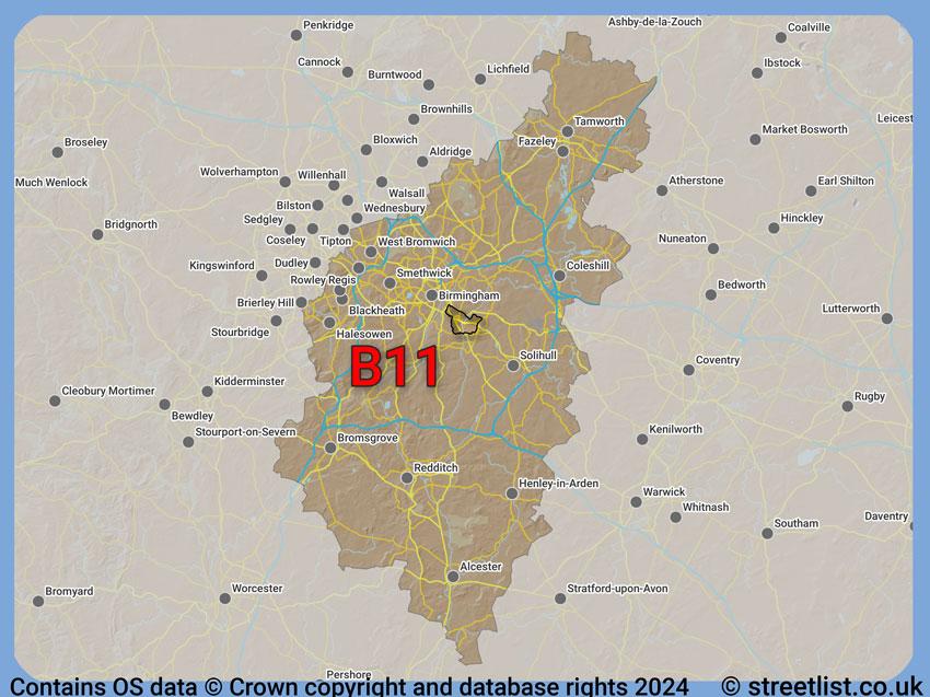 Where the B11 postcode district lies within the wider  postcode area