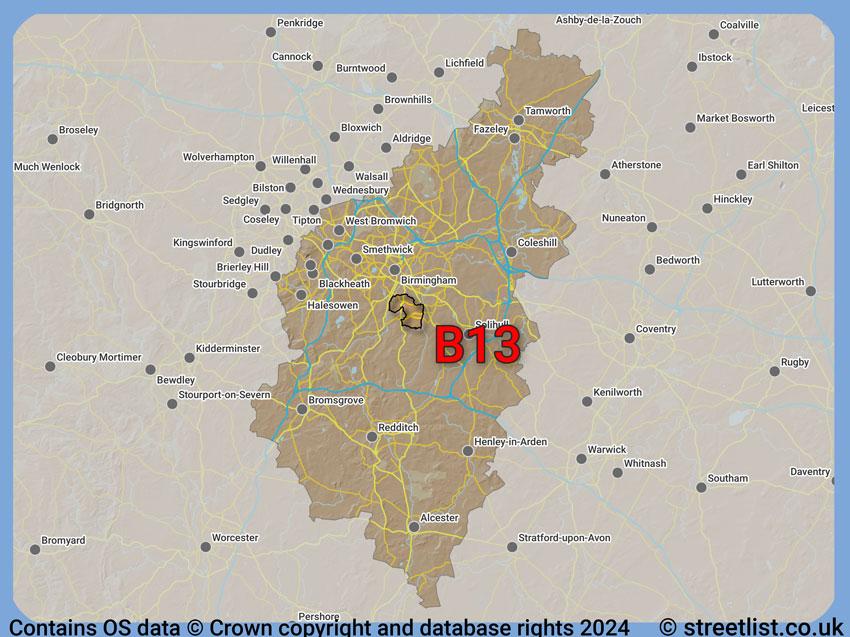 Where the B13 postcode district lies within the wider  postcode area