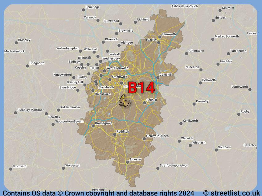 Where the B14 postcode district lies within the wider  postcode area