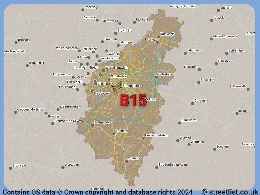 Where the B15 postcode district lies within the wider  postcode area