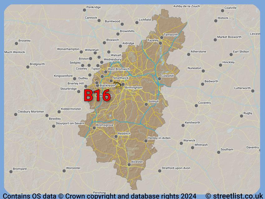 Where the B16 postcode district lies within the wider  postcode area