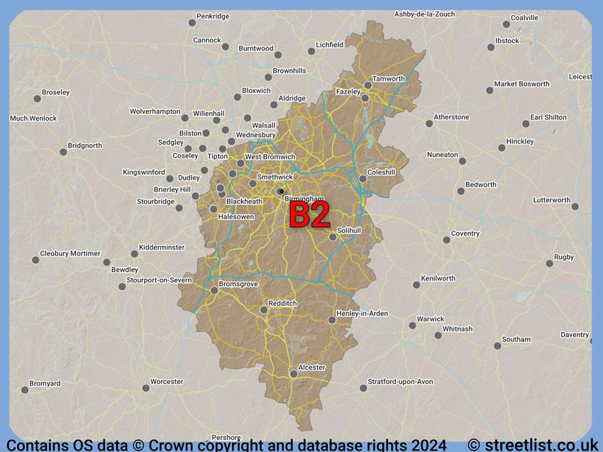 Where the B2 postcode district lies within the wider  postcode area