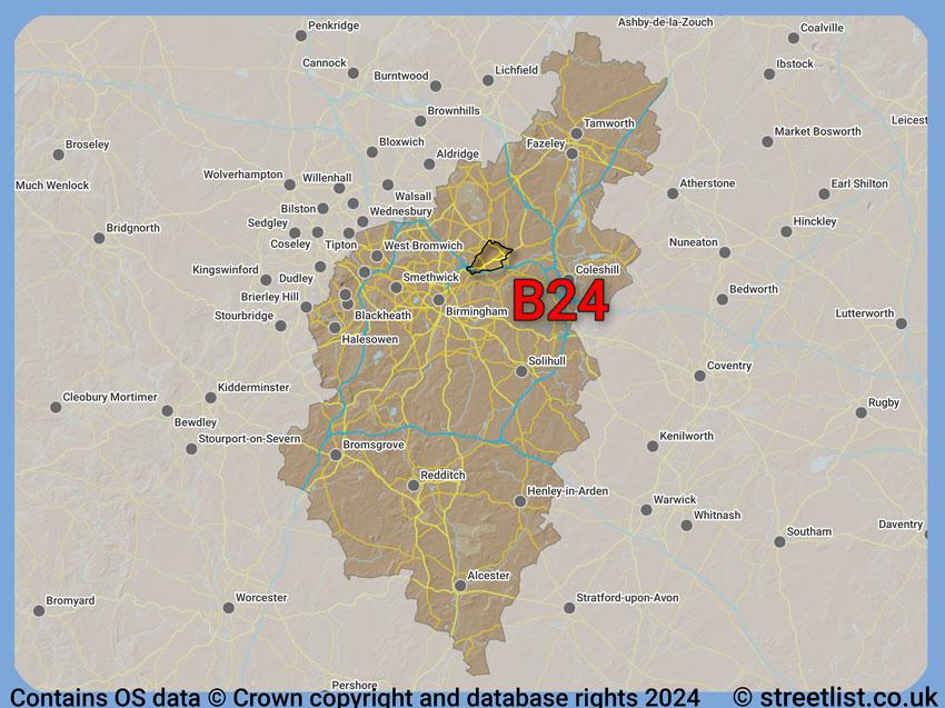 Where the B24 postcode district lies within the wider  postcode area