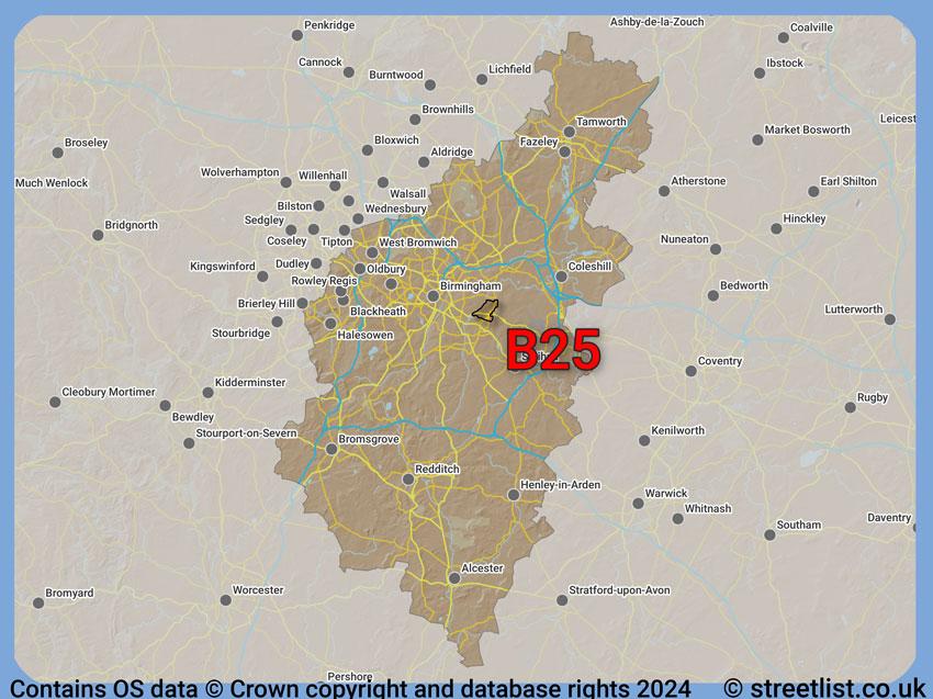 Where the B25 postcode district lies within the wider  postcode area