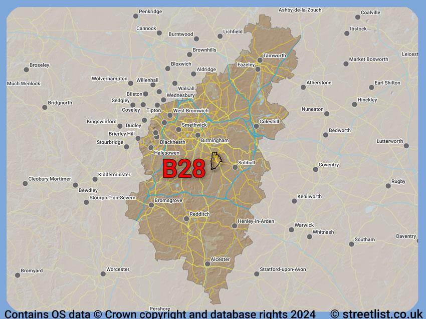 Where the B28 postcode district lies within the wider  postcode area