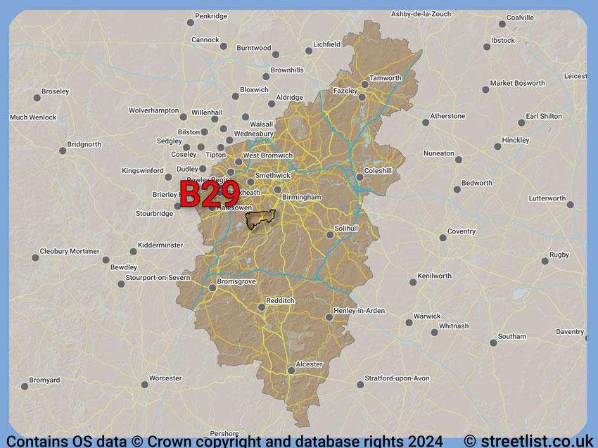 Where the B29 postcode district lies within the wider  postcode area