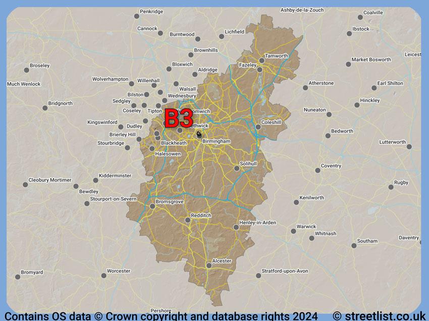 Where the B3 postcode district lies within the wider  postcode area