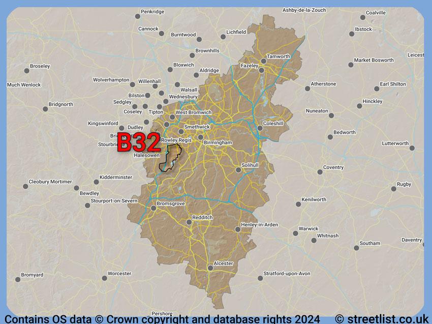 Where the B32 postcode district lies within the wider  postcode area