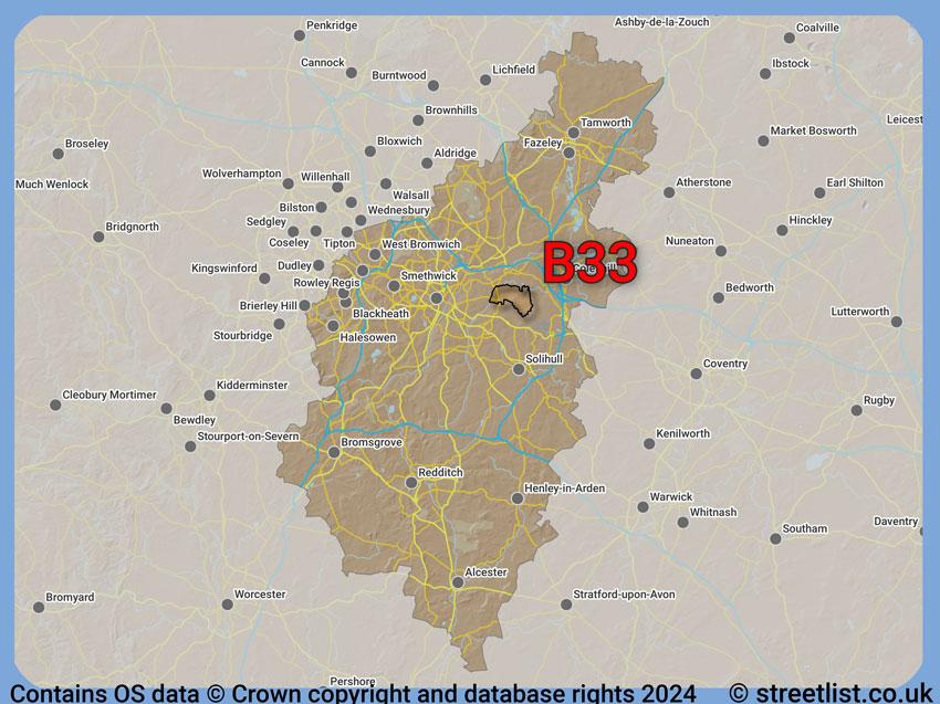 Where the B33 postcode district lies within the wider  postcode area