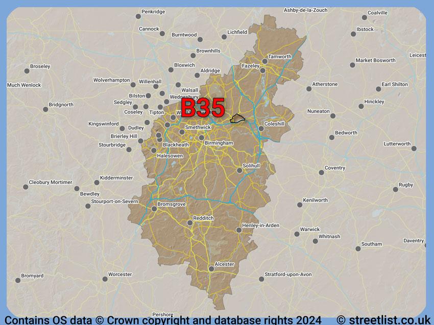 Where the B35 postcode district lies within the wider  postcode area