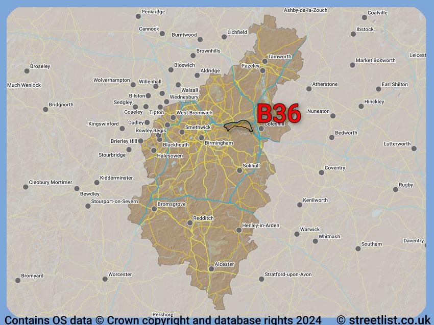 Where the B36 postcode district lies within the wider  postcode area