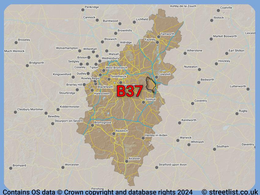 Where the B37 postcode district lies within the wider  postcode area