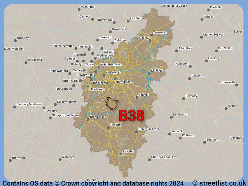 Where the B38 postcode district lies within the wider  postcode area