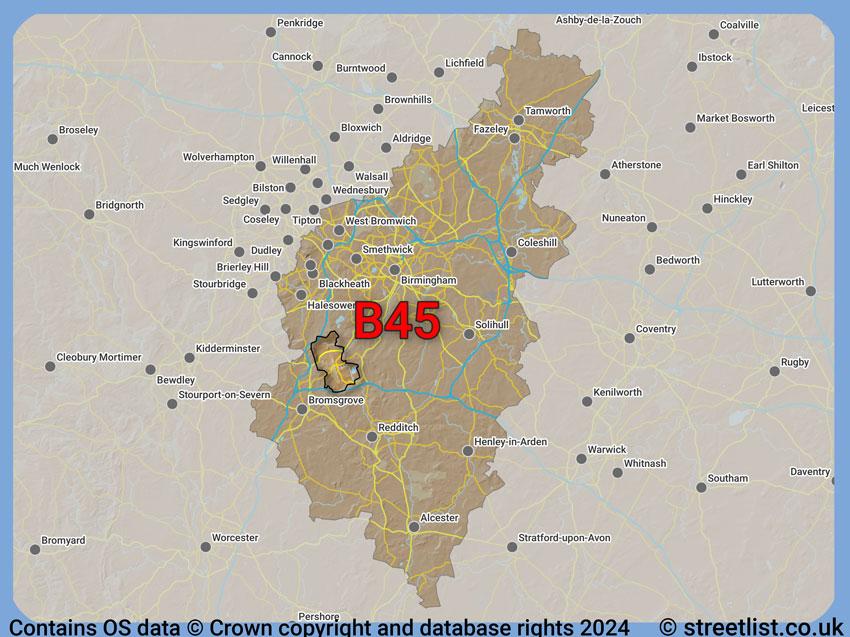 Where the B45 postcode district lies within the wider  postcode area