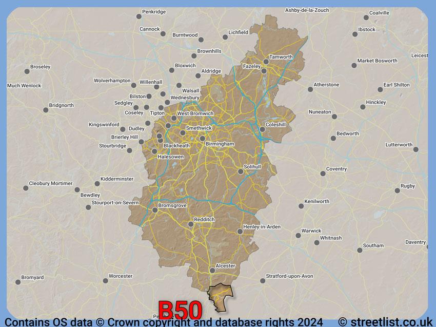 Where the B50 postcode district lies within the wider  postcode area