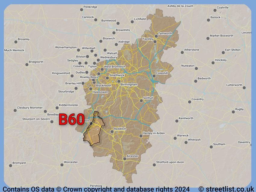 Where the B60 postcode district lies within the wider  postcode area