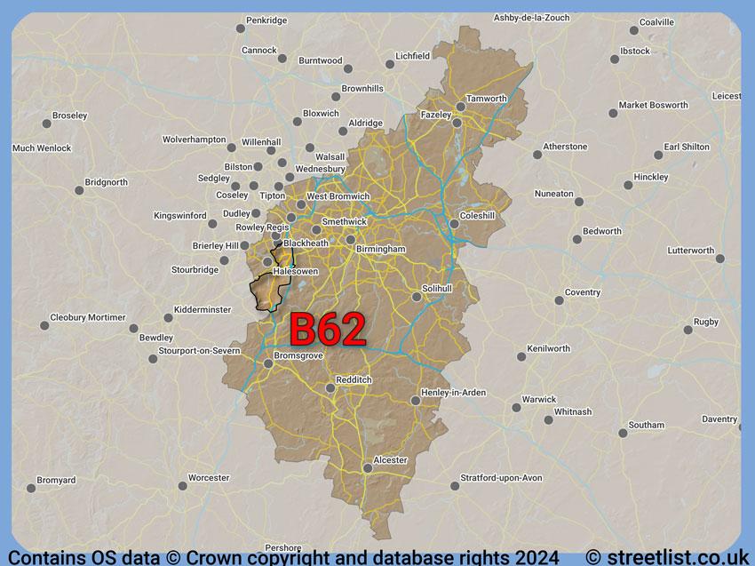 Where the B62 postcode district lies within the wider  postcode area