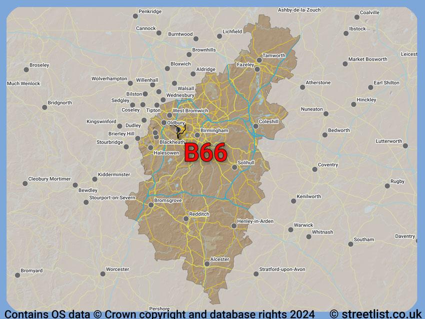 Where the B66 postcode district lies within the wider  postcode area