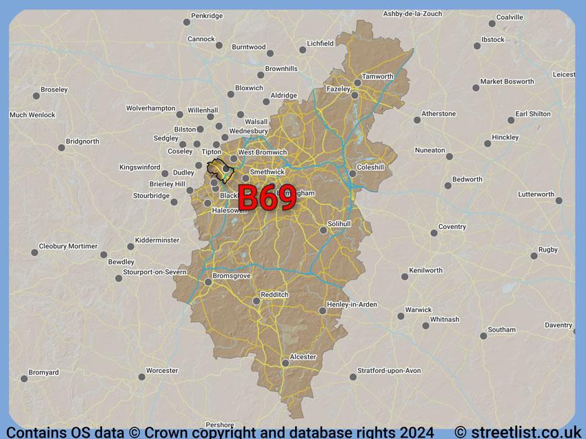 Where the B69 postcode district lies within the wider  postcode area