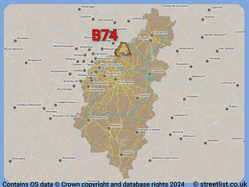 Where the B74 postcode district lies within the wider  postcode area